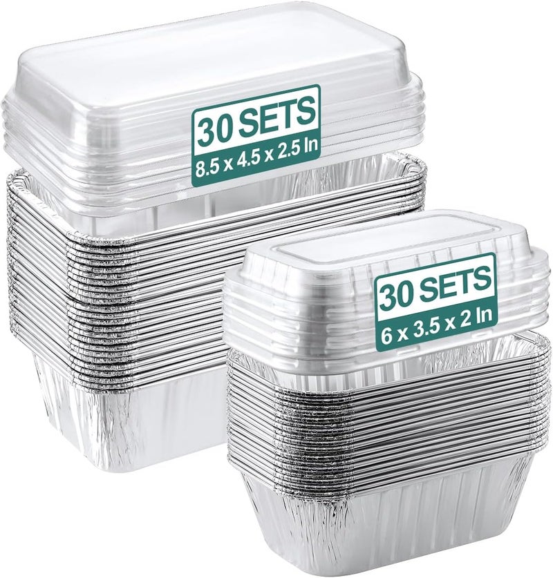 NEEBAKE 60 Pack Disposable Aluminum Loaf Pans with Lids Combo Set - 30 Pack 8.5x4.5x2.5 Foil Loaf Pans & 30 Pack 6x3.5x2 Mini Tin Foil Baking Pans Tin Trays Food Containers for Baking Cakes Bread Meat - Image 1